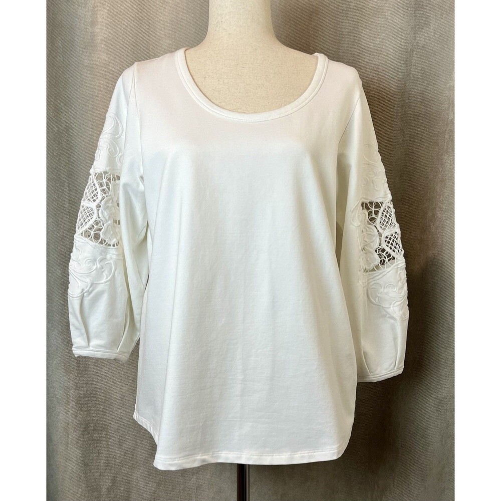 Soft Surroundings Balloon Sleeve Shirt Med White Floral Eyelet Lace Romantic $89
